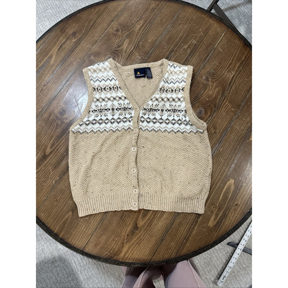 Vintage Lizsport Cream Brown Knit Sweater Vest Women's Sz Medium M Cottagecore